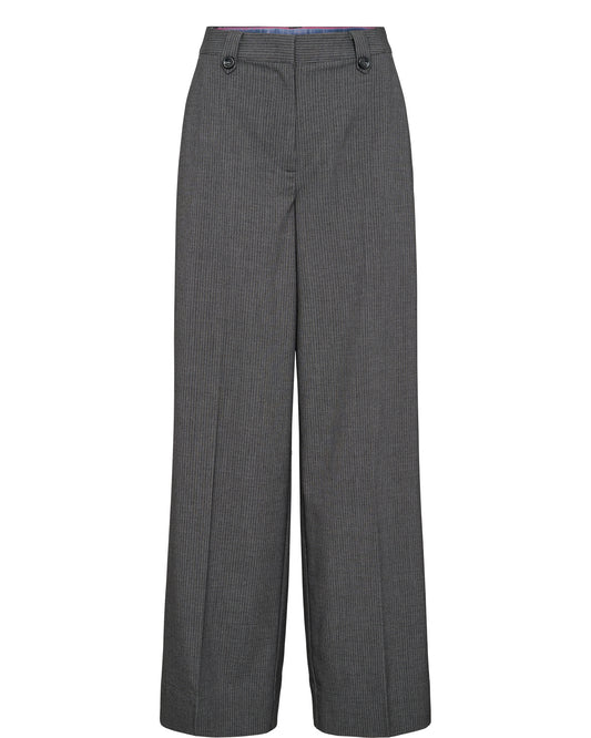 A great wok trouser from Danish brand Numph in a super cool fine pinstripe. This wide leg trouser has a zip and single hook fastening. The thick waistband has belt loops with button trim. They are flat fronted and have slanted side pockets. There a faux pockets on the back. The fit is true to size.