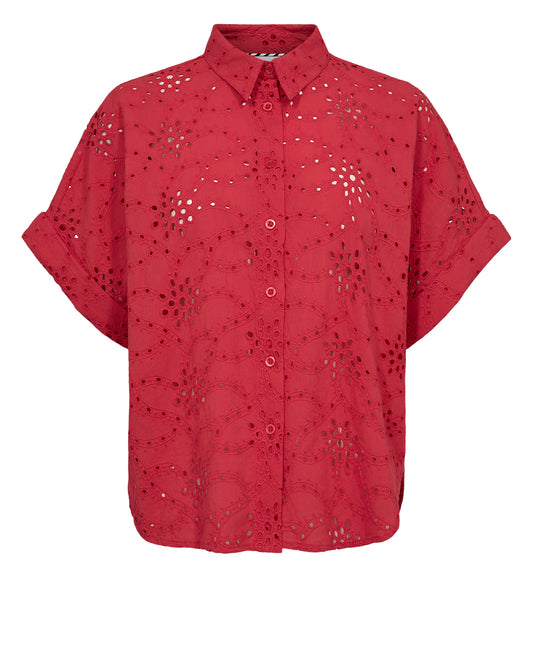 Super cute geranium red, embroidered design blouse from NUMPH made from cotton so it will keep you nice and cool this spring and summer. Pair with denims or a light coloured pair of trousers for best effect. Fits true to size.