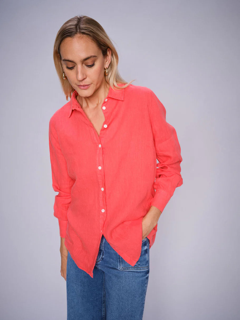 cool linen shirt with collar and button front in vibrant cayenne red