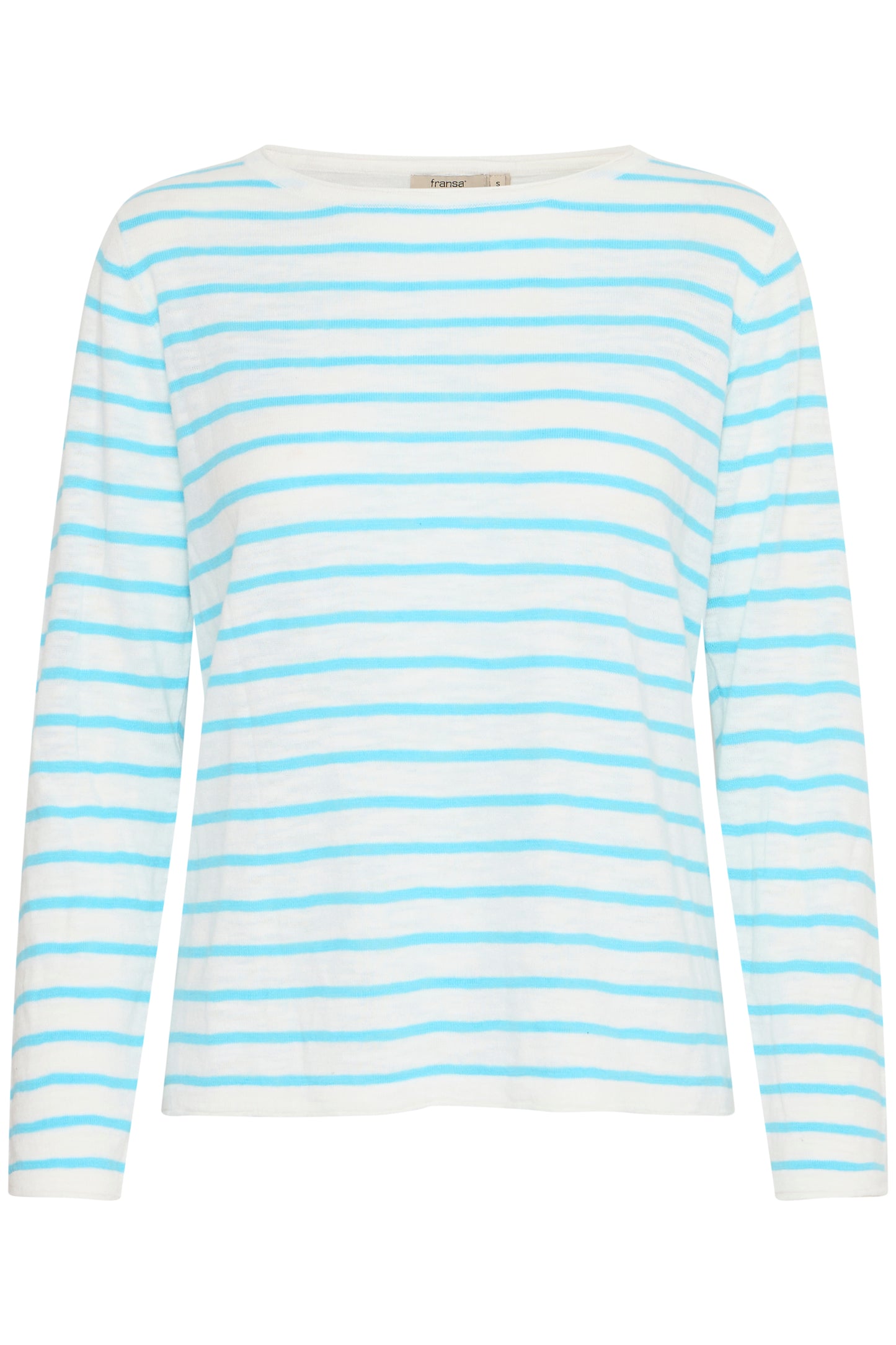 A fine knit jumper from Scandi brand FRANSA in two great colour combinations. The round neck knit has long sleeves with a roll cuff. The hem is straight and the fit is true to size. A fabulous layering piece in a stripe. The fit is true to size.