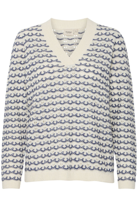 The gorgeous FRLilje knit from Scandi brand Fransa is in a fresh blue and neutral colour mix. The texture knit has a thick ribbed V neck in simple ecru. The long sleeves and straight hem are also trimmed with the same ribbed knit. Perfect with jeans The fit is generous.