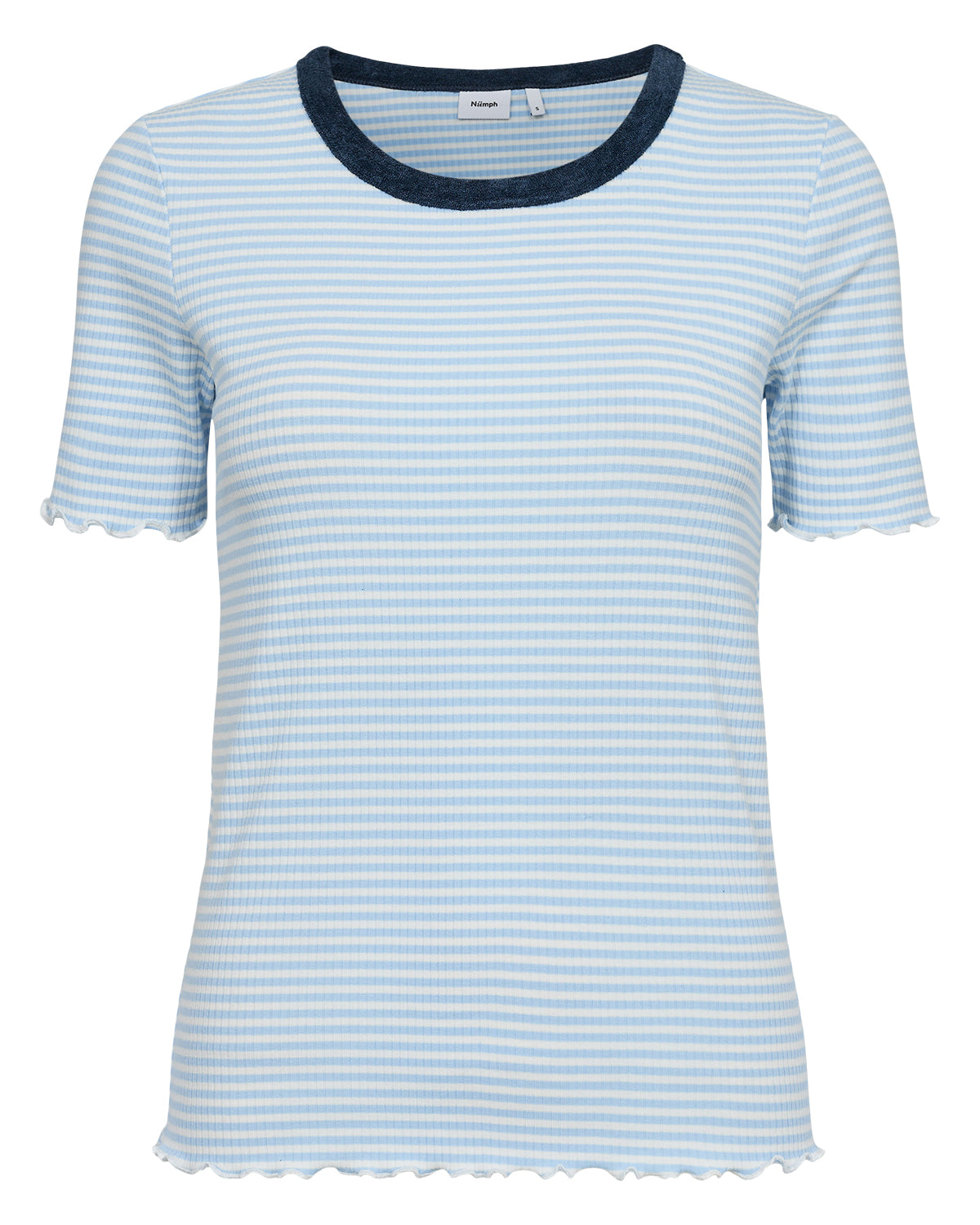 A simple stripy T shirt from Scandi brand NUMPH in a pale blue and white stripe with a navy trim at the collar. Round at the neck and short sleeved this textured T is just that little bit different. The fit is true to size.