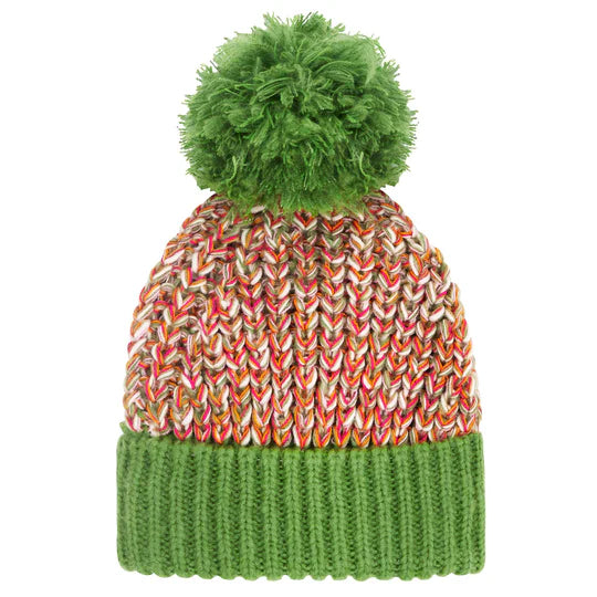 Fun colourful knitted bobble hat in olive green Twist, our knitted hat from CARA &amp; THE SKY is a chunky beanie bobble hat that makes for the perfect gift for yourself or your loved one.