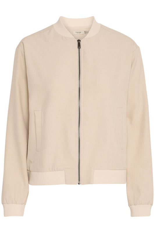 neutral bomber style jacket with zip front and slanted front pockets. Great for styling in different ways and with denim. Cool for Spring.