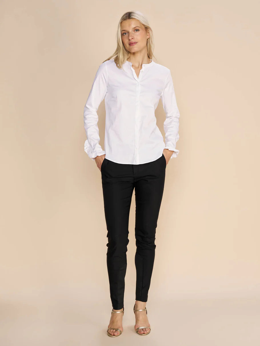 MMMattie Flip white button up shirt blouse with ruffled sleeve detail mos mosh 