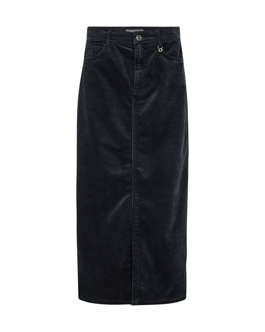 Expertly designed for both style and comfort, the Mos Mosh Mella Phantom Corduroy Midi Skirt is a must-have for any wardrobe. Featuring a deep navy corduroy fabric, this skirt boasts a mid to high waist for a flattering fit and a front slit for ease of movement. Step out in confidence and sophistication with this versatile piece.