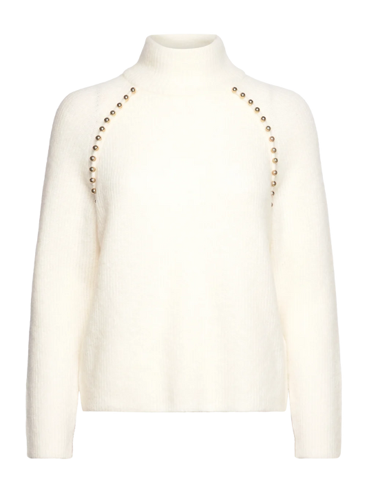 A beautiful high neck knit from our favourite brand Mos Mosh. This chunky ribbed knit has a funnel neck. The long sleeves are finished with no cuff. There are gold beads to embellish either side of the neckline for that touch of glamour. The fit is true to size but boxy.