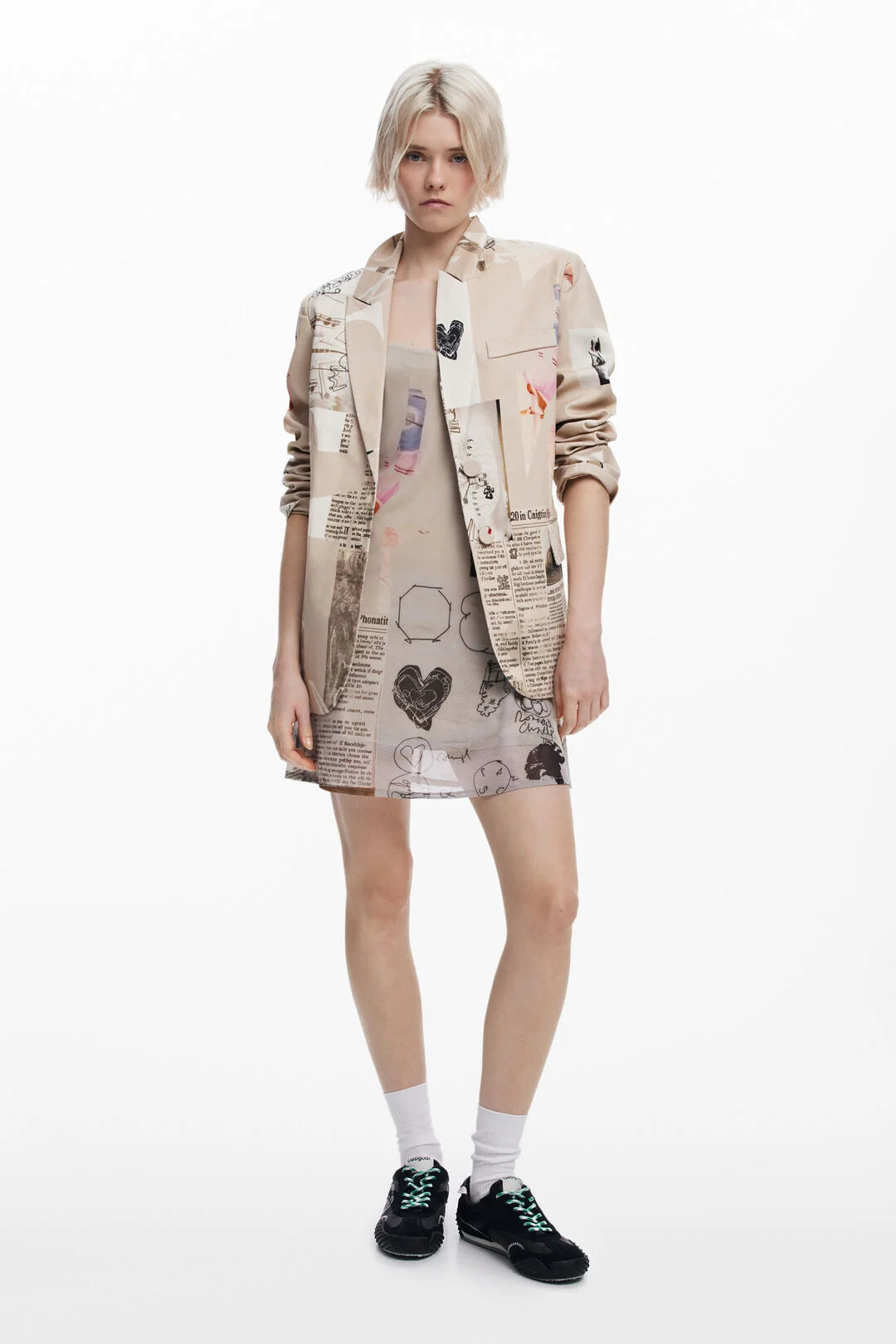 Funky oversized jacket in newspaper print fabric.