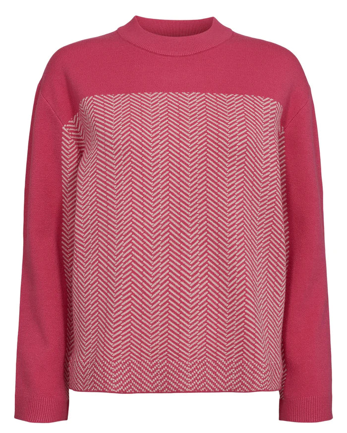 This fabulous knit from Scandi brand Numph will brighten any wardrobe. The classic round neck and long sleeves are super flattering. The wide cuff is on trend for the season and the duo design in block pink and contrast herringbone pretty and bright for Spring.