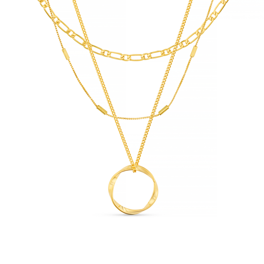 The answer to all your chain layering needs from ORELIA LONDON. Our bestselling Open Circle Three Row Necklace in Gold. Featuring a short dainty figaro chain, a fine link style necklace and ending with a subtle twisted gold open circle pendant on our signature long gold chain. This set includes three separate chains that can be worn individually or stacked together.