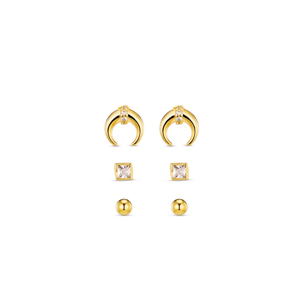 The Pave Crescent Stud 6 Pack Ear Party is your new favourite gold ear stacking set from ORELIA LONDON. This gold set of earrings contains a pair of classic gold ball studs, a pair of square crystal studs, and a pair of crescent moon stud earrings. Please note, earrings are non-returnable unless faulty.