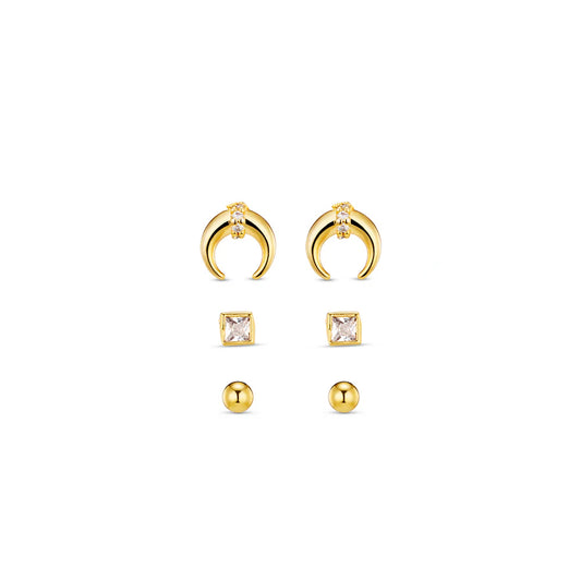 The Pave Crescent Stud 6 Pack Ear Party is your new favourite gold ear stacking set from ORELIA LONDON. This gold set of earrings contains a pair of classic gold ball studs, a pair of square crystal studs, and a pair of crescent moon stud earrings. Please note, earrings are non-returnable unless faulty.