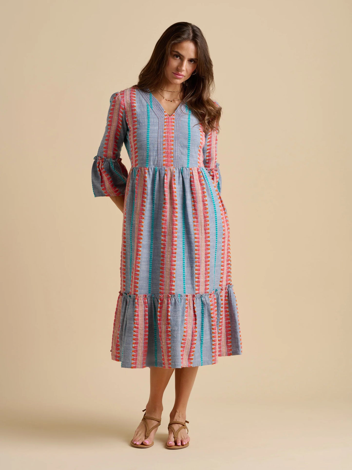 This midi dress from BRAKEBURN is a true standout, with its stunning embroidery and vibrant stripes. The rich, warm summer tones bring a cheerful energy, while the gathered waist creates a flattering yet relaxed silhouette. Perfect for those cooler summer days when you want to feel and look good.