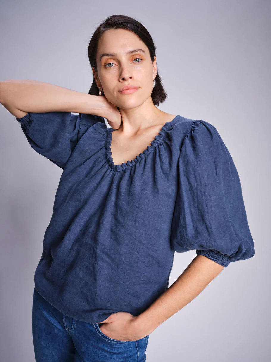 super soft linen gathered blouse with three quarter sleeve