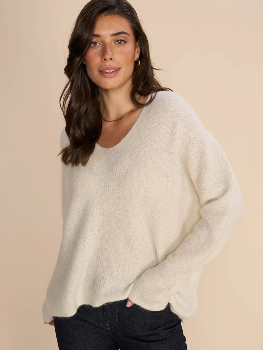 mmthora v neck jumper by mos mosh . A super soft alpaca and wool blend in a textured knit. Best selling Mos Mosh knit. Flattering V neck. Oversized piece. 