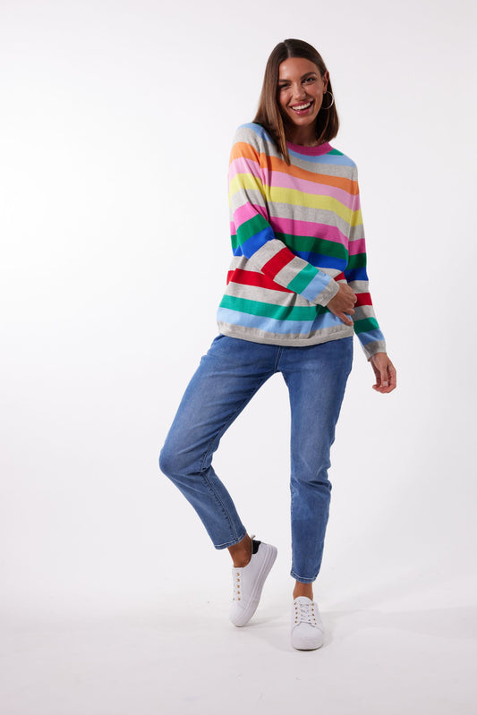 This fabulous knit in multi coloured striped from Australian brand Haven is a throw back to the 80's. It has a long sleeve and simple round neck. It's vibrant coloured striped can be coordinated with one of the plain knit cardigans from the same brand. Super soft with no itch. The sizing is generous.