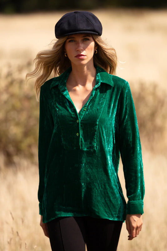 Our Silk Velvet shirt from At Last is so easy to wear, the cuffs can be worn turned up for a more relaxed look, perfect for day or evening wear. Our shirt features buttons on the upper half, and a flattering slight side split with a bit of extra length at the back. Perfect paired with your go-to jeans or evening trousers