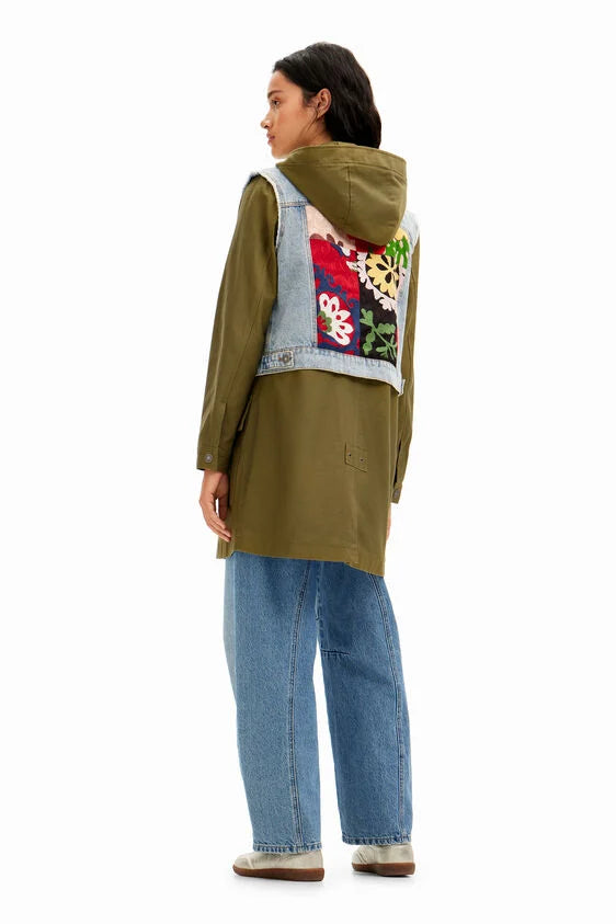 yale 2-in-1 hybrid parka coat in washed denim with floral patches and embroidery by desigual 