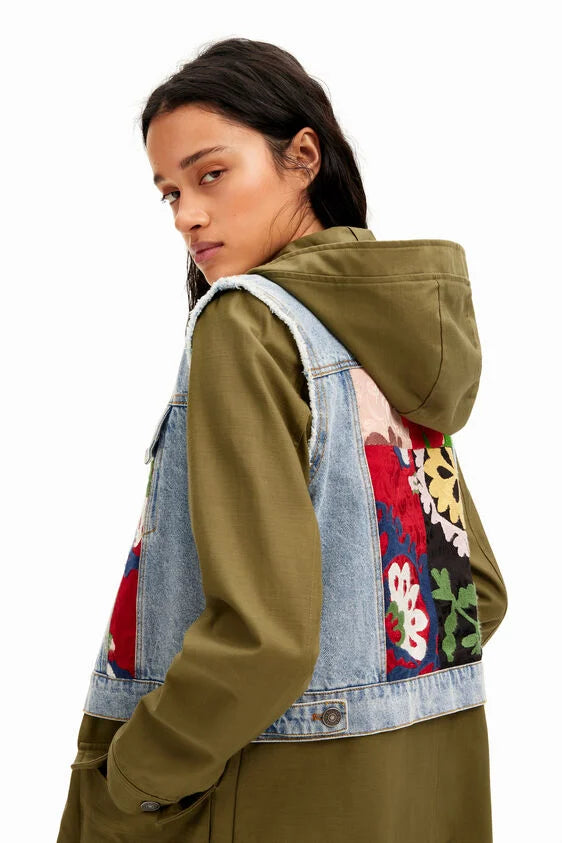 yale 2-in-1 hybrid parka coat in washed denim with floral patches and embroidery by desigual 