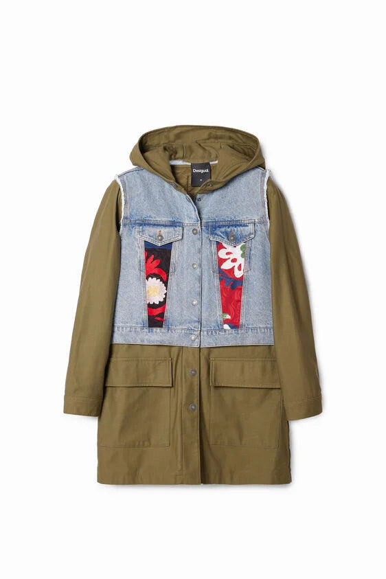 yale 2-in-1 hybrid parka coat in washed denim with floral patches and embroidery by desigual 