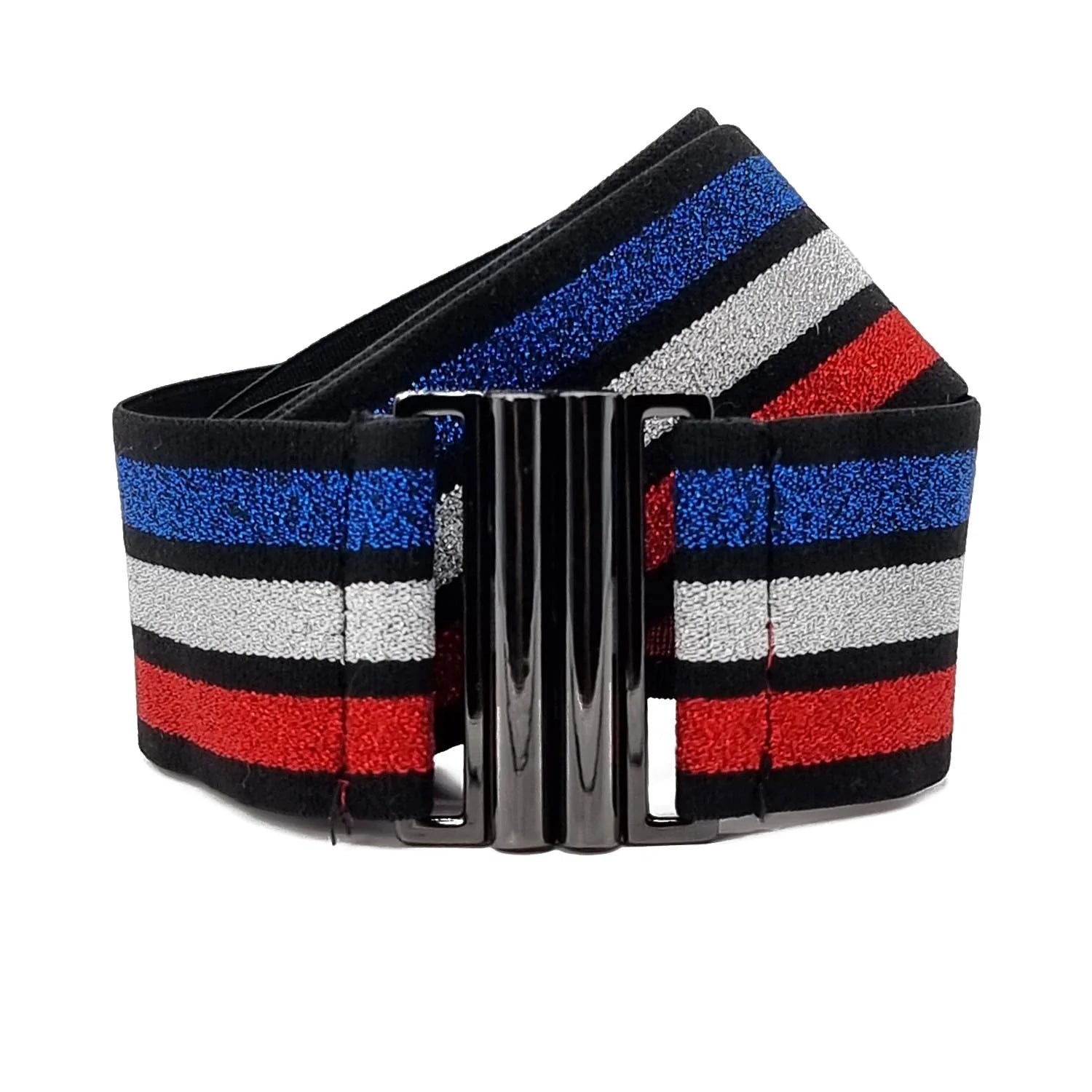 Stretchy belt in colourful stripes with metallic fastener.