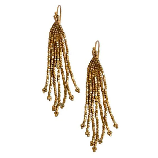 Statement earrings enliven any look with fans of intricate beading ending in small delicate golden tips. Our signature Gold plated irregular Peggy beads hand woven making it the perfect fashion earrings.