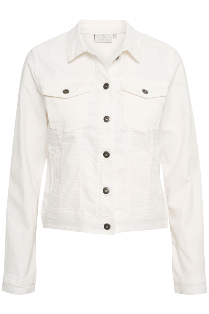 Experience the ultimate comfort and style with this stunning white stretch denim jacket from popular Scandinavian brand, Kaffe. This must-have piece features all the classic jean jacket elements, including breast and side pockets and metallic buttons, making it a versatile and timeless addition to your summer wardrobe. Get ready to make a statement and embrace effortless chic with this true-to-size jacket.
